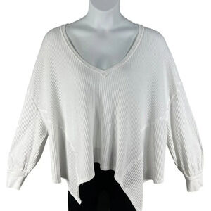 Free People Women Large White Caroline Thermal Top Asym Hem Waffle Knit Pullover